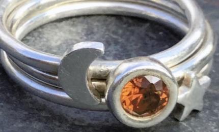 Silver stacking rings with amber stone 