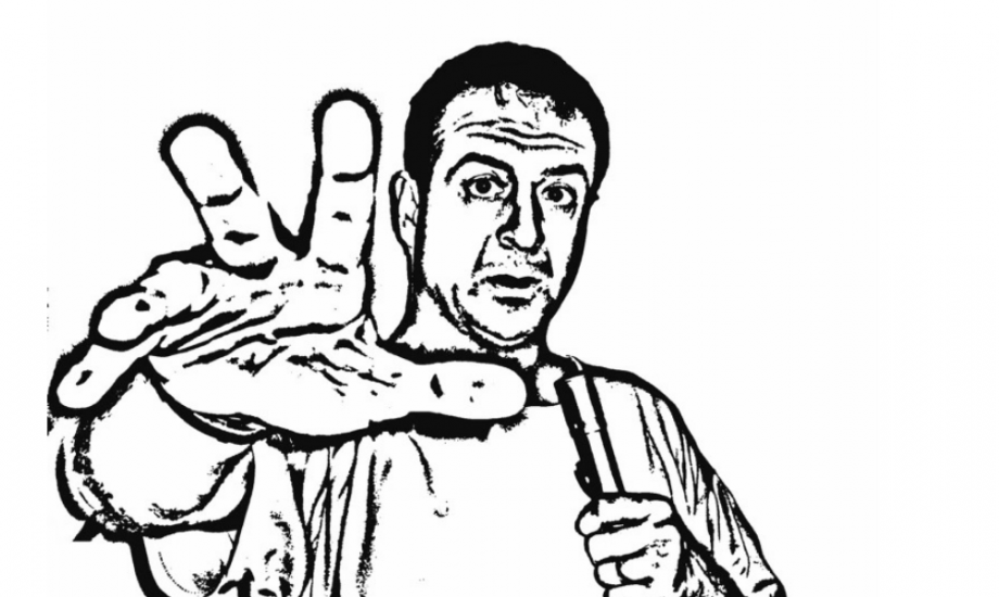 Mark Thomas in a monochrome graphic holding out his hand.